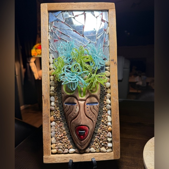 Handcrafted Mosaic Wall Art Lady ‘FaceTime’ Pottery Wood Mirror Rocks RARE 3D